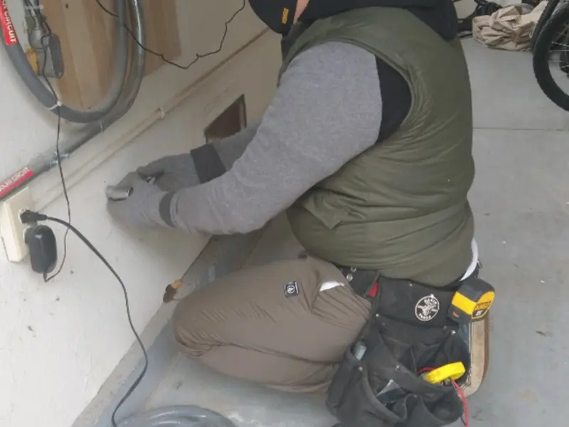 Electrician performing outlet wiring in a Trafford garage